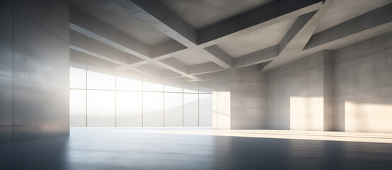Abstract empty concrete interior with large windows and geometric patterns. Perfect for architectural concepts, modern design, or construction presentations.
