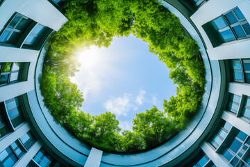 Circular building atrium with a central garden open to the sky. Perfect for concepts of green architecture, sustainability, and urban ecology.