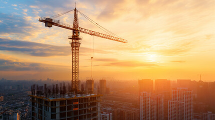 Modern construction site with a tower crane and city skyline at sunset. Ideal for concepts of urban development, progress, and city planning.