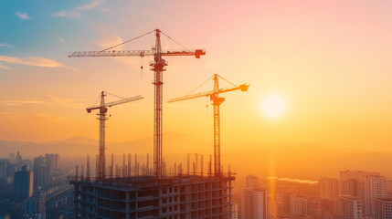 Sunrise over a city construction site with multiple tower cranes. Ideal for concepts of urban development, progress, and future growth.