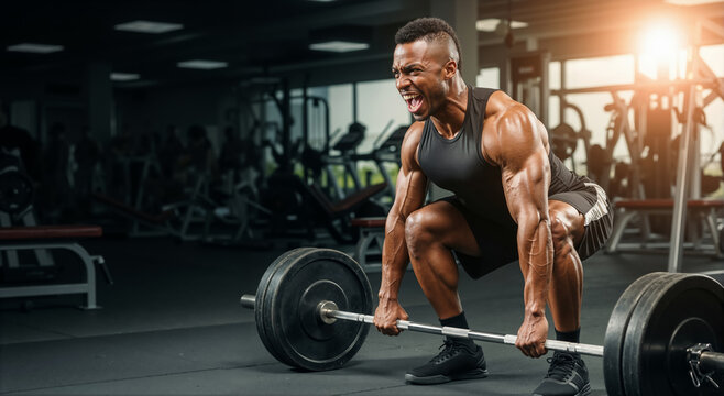 Muscular man shouting while performing a heavy deadlift with a barbell in the gym. Intense athlete during a strength training workout.