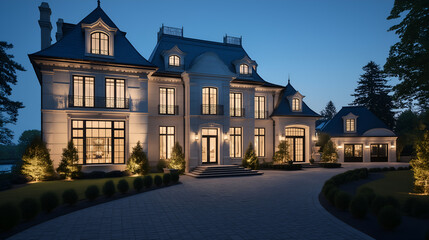 Luxurious English-style mansion exterior at twilight. Perfect for real estate listings, luxury home promotions, and architectural portfolios