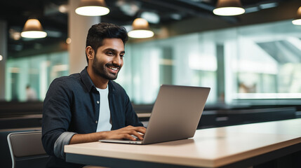 happy Indian man smiling while working on his laptop in a modern office or coworking space. Perfect for showcasing a productive and diverse work environment, digital nomad lifestyle