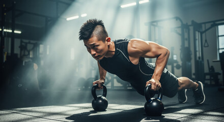 Strong Asian man doing push-ups on kettlebells in a gym. Muscular athlete during an intense fitness workout for strength training.