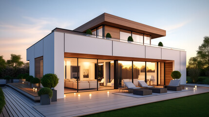 modern minimalist house exterior with a clean, cubic structure and inviting terrace at sunset. Ideal for real estate listings, architectural magazines, or interior design websites.