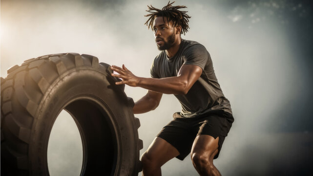 Muscular black man doing a tire flip exercise during an intense crossfit workout. Athletic male performing a functional fitness strength training routine outdoors. - Powered by Adobe