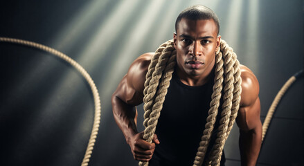 Intense portrait of a strong African American man with battle ropes in a gym. Muscular athlete preparing for a crossfit workout.
