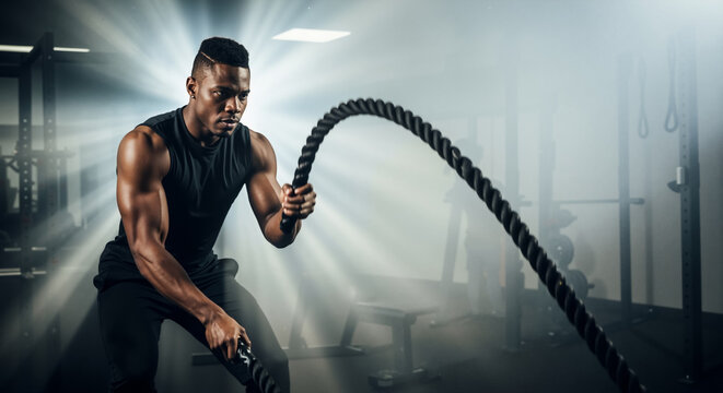 Muscular black man doing an intense battle rope workout in a gym. Athlete focused on a crossfit strength training exercise. - Powered by Adobe