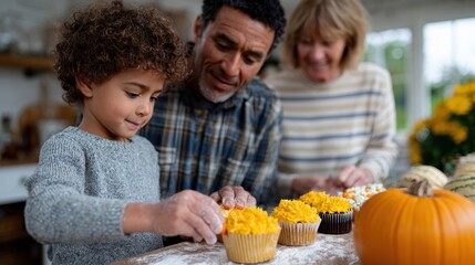 holiday baking session, a diverse family enjoys decorating halloween cookies and cupcakes in a modern kitchen, captured in a candid, professional-quality lifestyle shot