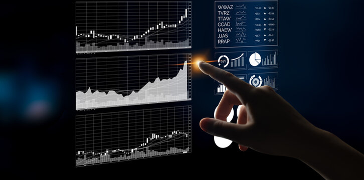 A person interacts with a digital data screen showcasing stock market trends through graphs and charts, highlighting modern financial analysis and investment strategies. Impute - Powered by Adobe