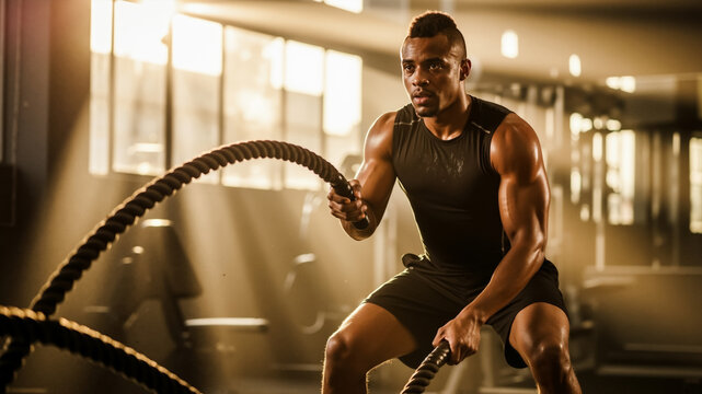 Athletic man doing a battle rope workout in a sunlit gym. Intense crossfit training for strength and power. - Powered by Adobe