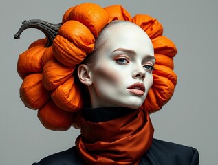 Woman with pumpkin crown, bold makeup, autumn elegance