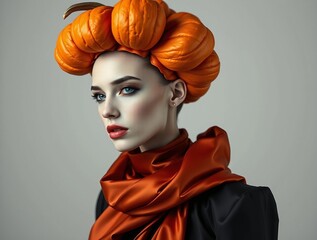 Woman in pumpkin halo and satin autumn wrap