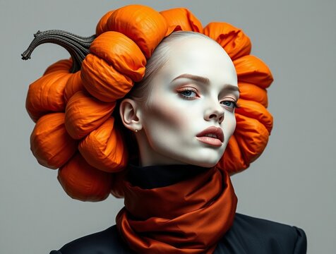 Woman with pumpkin crown, bold makeup, autumn elegance