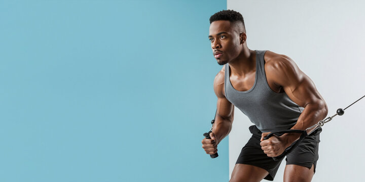 Muscular African American man doing a cable crossover exercise in the gym. Fitness athlete training for strength and bodybuilding. Copy space.