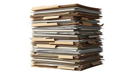 Tall stack of old documents and files isolated on transparent background