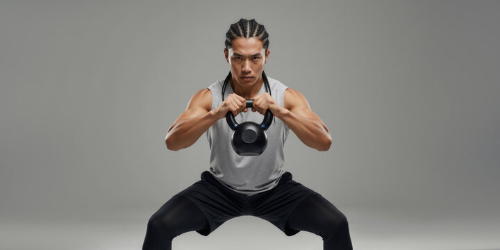 Intense asian athlete performing a kettlebell squat for strength training. Fitness and crossfit workout concept.