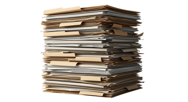 Tall stack of old documents and files isolated on transparent background
