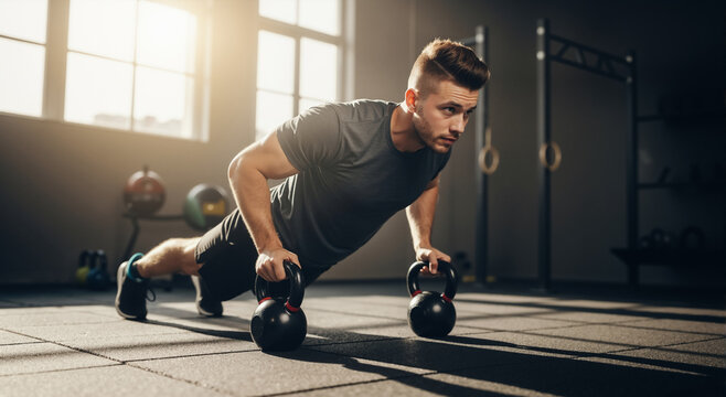 Muscular man doing a push-up exercise on kettlebells in a sunlit gym. Athlete focused on a crossfit strength training workout.