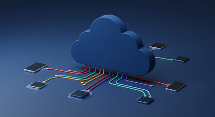 Blue cloud connected by colorful cords to multiple devices, representing cloud computing.