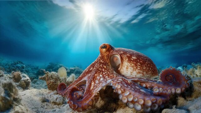 A purple octopus with its tentacles stretched out lies on the shallow seabed, while the rays of the bright summer sun shine down on it.