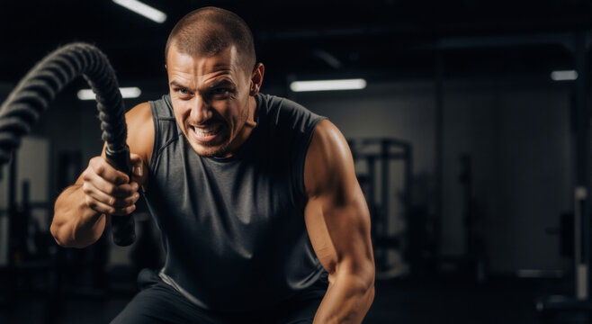 Muscular man doing an intense battle rope workout in the gym. Athlete focused on strength and crossfit training with copy space.