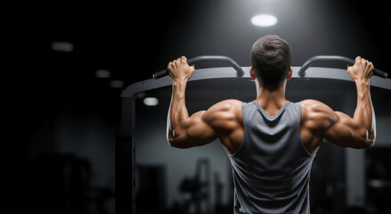 A muscular man with a strong back doing a pull-up workout in a dark gym. Rear view of a fit athlete training. Copy space.