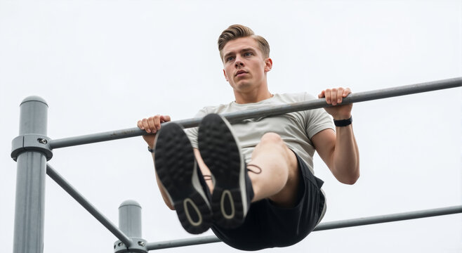Athletic man performing hanging leg raises on a pull-up bar outdoors. Young male doing a core workout for abs at an outdoor gym.