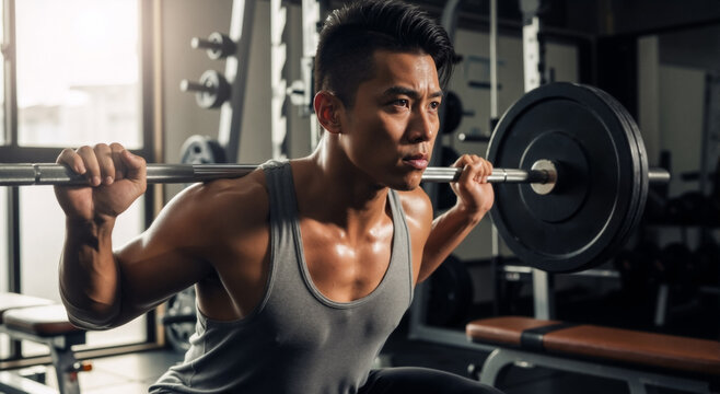 Focused Asian man performing heavy barbell squats in a gym. Strength training and fitness workout concept.