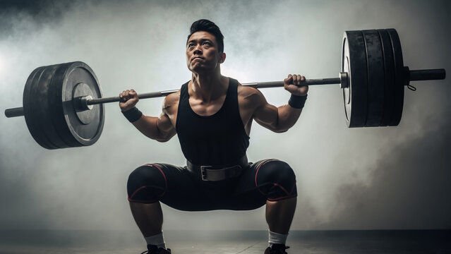 Strong asian man performing a heavy barbell squat in a gym. Intense weightlifting and powerlifting workout.