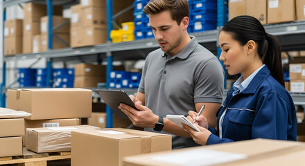 Two workers man and woman communication with tablet near box items working in warehouse. Inventory management and order fulfillment. Technology and efficient logistics operation on work in storage