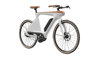 Futuristic white electric bicycle with wood accents isolated on transparent background