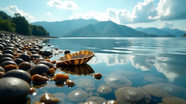 A shell found on the shore of a lake