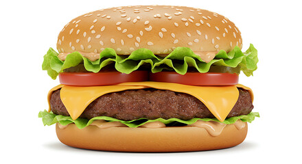 Stacked deliciousness: A juicy burger with fresh toppings, cheese, and sauce, all between sesame buns.
