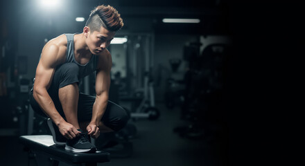 Fit Asian man tying shoelaces before a workout in the gym. Preparation and motivation concept with copy space.