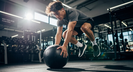 Athletic man performing a dynamic jumping exercise over a medicine ball in a modern gym. Intense crossfit workout for strength and agility.