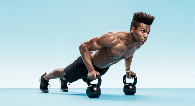 Fit african american man performing a push-up exercise with kettlebells. Muscular athlete in a strength training workout in a studio with copy space. - Powered by Adobe
