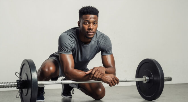 Fit African American man resting on a barbell during a gym workout. Muscular athlete taking a break from crossfit training.