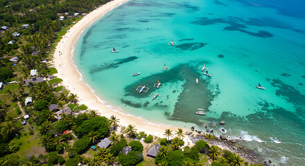 Fototapeta premium Aerial view of a tropical beach with clear turquoise water, boats, palm trees, and white sand.