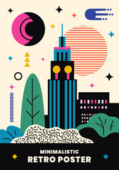 Minimalistic flat cityscape. Retro poster, infographic.