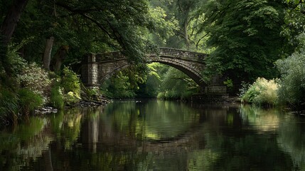 Stone arch bridge over calm water surrounded by lush greenery
