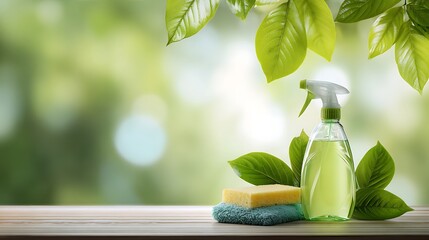 Eco friendly cleaning supplies with natural green leaves and soft focus background