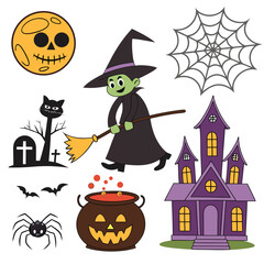 Halloween Witch Flying Over Spooky Scene broomstick