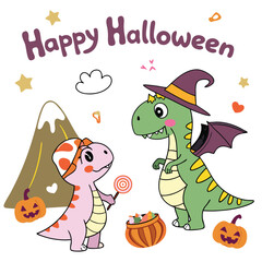 Fototapeta premium Happy Halloween with cute dinosaurs and pumpkins dragon