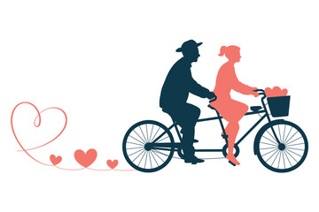 Fototapeta premium Couple riding tandem bicycle with hearts symbolizing love and togetherness concept