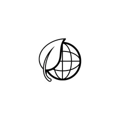 Eco Globe and Leaf Icon Black and White Nature and Earth Vector