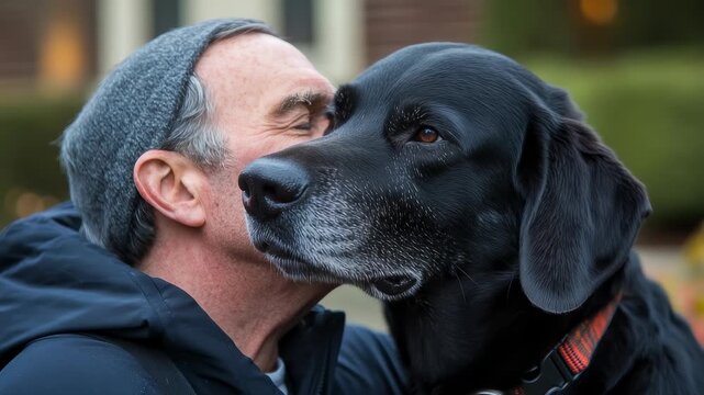 Warm Interaction Between Elderly Man and Dog