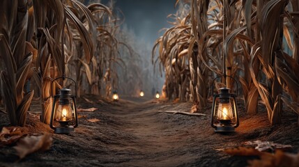 Fall & Autumn : Pathway through a cornfield illuminated by lanterns at dusk.