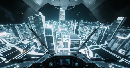 Opening spaceship cockpit view drifting toward city grid in dark hangar, HUD and yokes flickering - Powered by Adobe