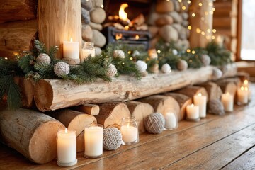 Cozy holiday fireplace with candles and decorations